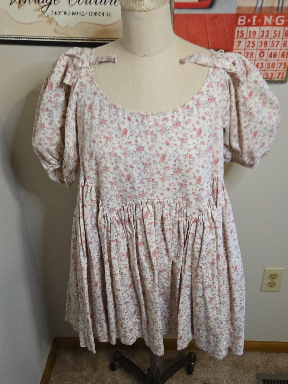 Sandy Liang Cream Mini Dress with Pink Floral Print and Puff Tie Sleeves